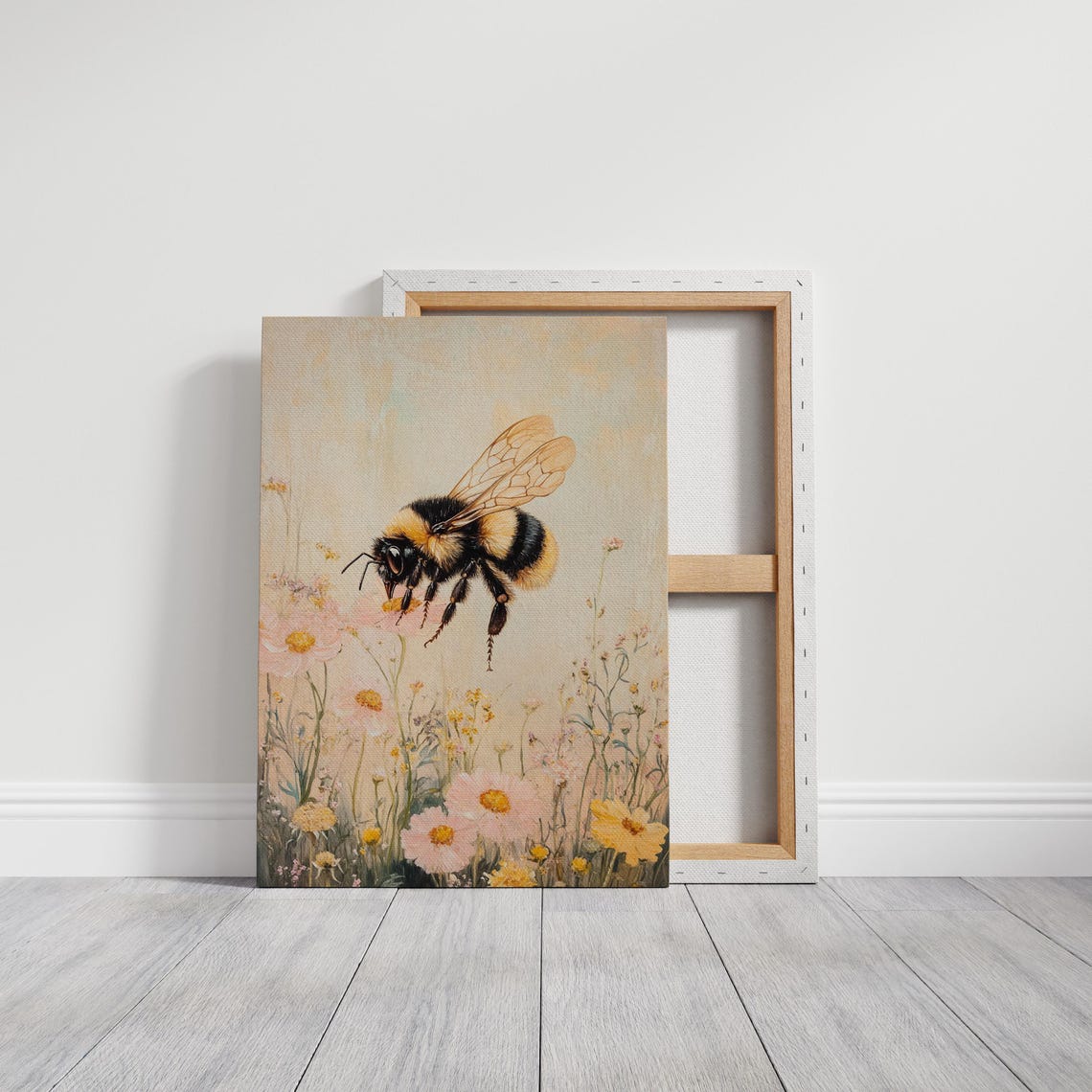 Bumblebee Hovering Over Pink Wildflowers Pastel Botanical Print - Image 3