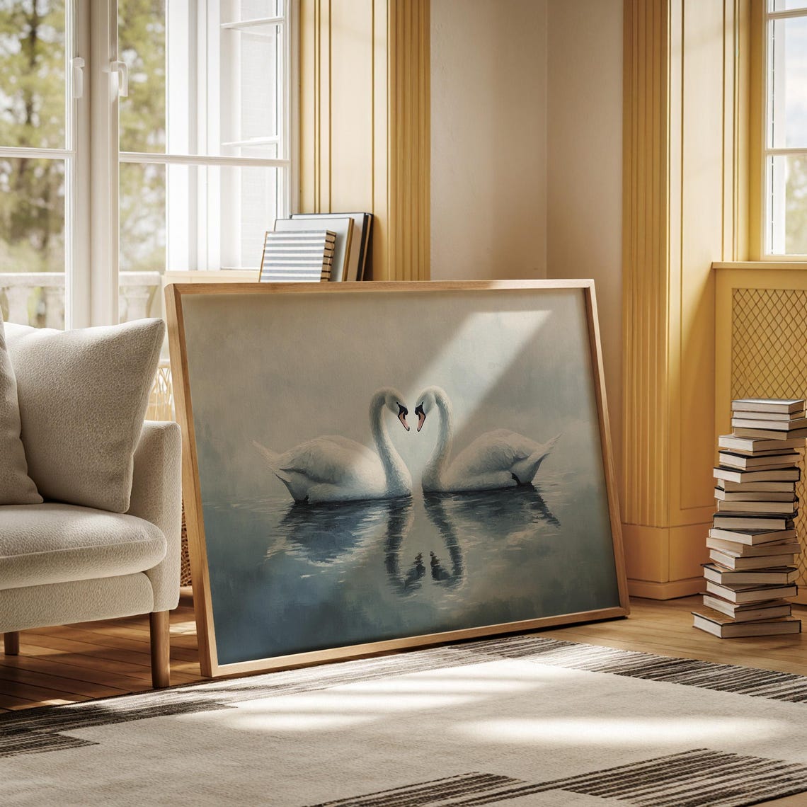 Two Swans Forming Heart Shape Misty Lake Romantic Animal Art Poster - Image 4