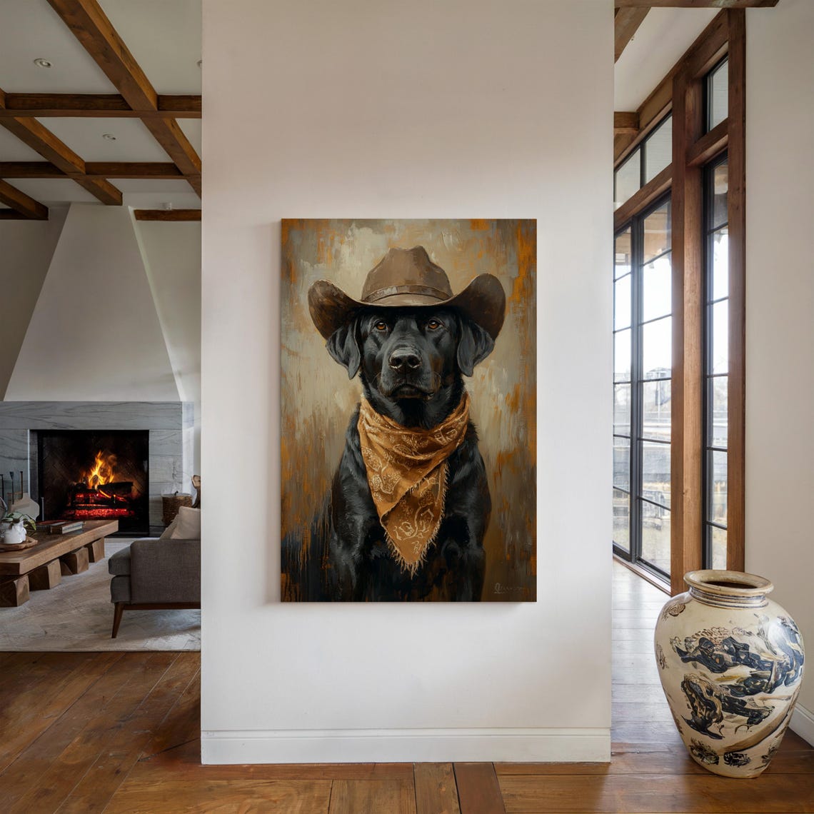 Western Black Lab Cowboy Dog Portrait, Rustic Farmhouse - Image 3