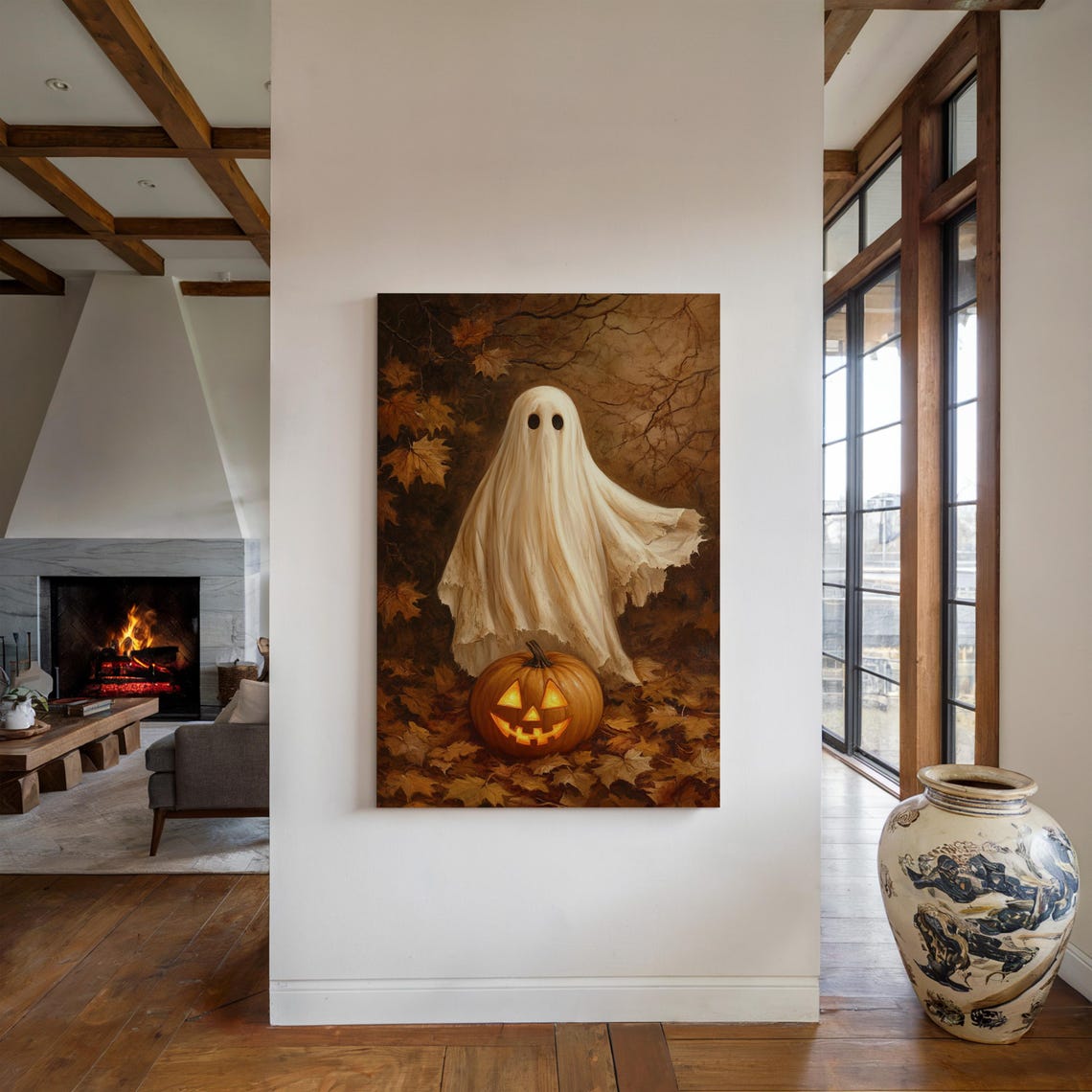 Sheet Ghost With Jack O Lantern Fall Leaves Halloween Wall Art - Image 5