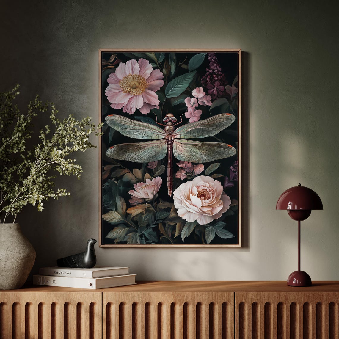 Dragonfly Rose Floral Botanical Dark Elegant Garden Insect Wall Poster - Image 5