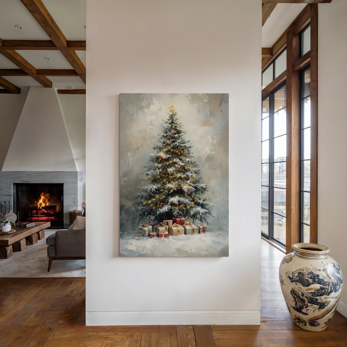 Snow Covered Christmas Tree With Glowing Lights And Gifts Art Poster - Image 3