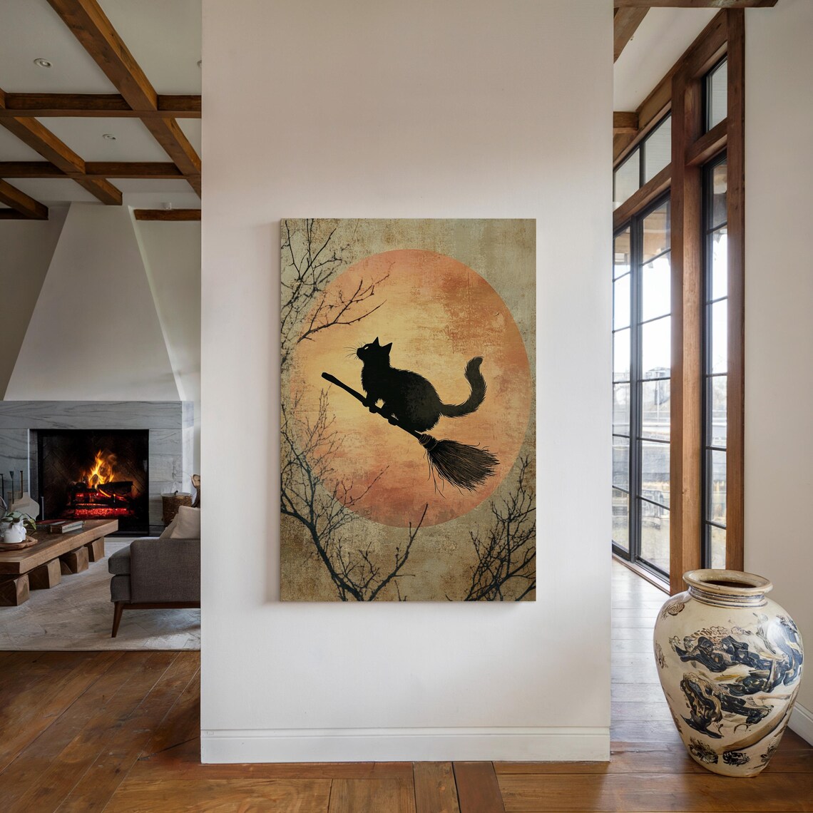 Black Cat Riding Broom Silhouette Vintage Halloween Full Moon Art Poster - Image 3