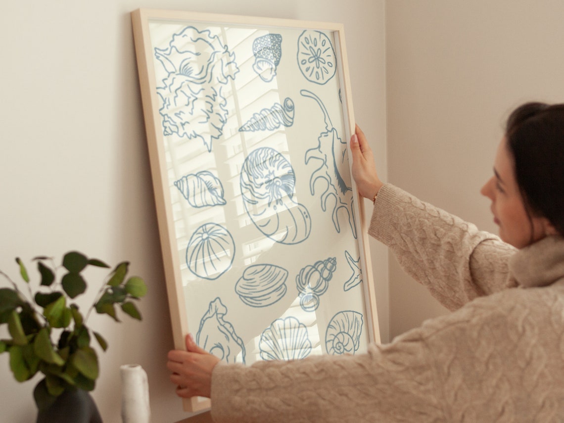 Blue Line Art Seashell Collection Ivory Beach Coastal Poster - Image 2