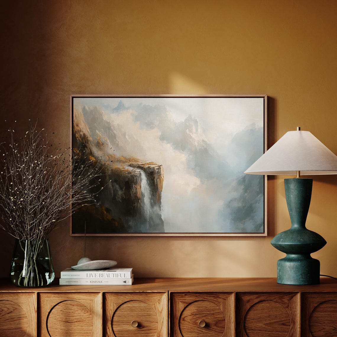 Majestic Waterfall Landscape Painting Misty Mountain Wall Art Print For Home And Office Decor - Image 5