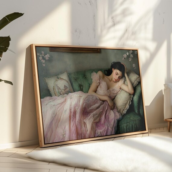 Romantic Lady in Pink Gown Reclining on Green Sofa Vintage Poster
