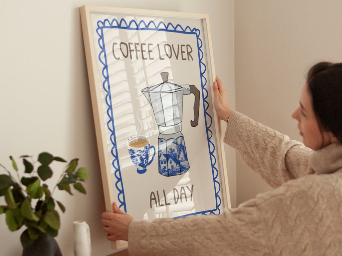 Coffee Lover All Day Moka Pot Cup Delft Blue Kitchen Typography Print - Image 4