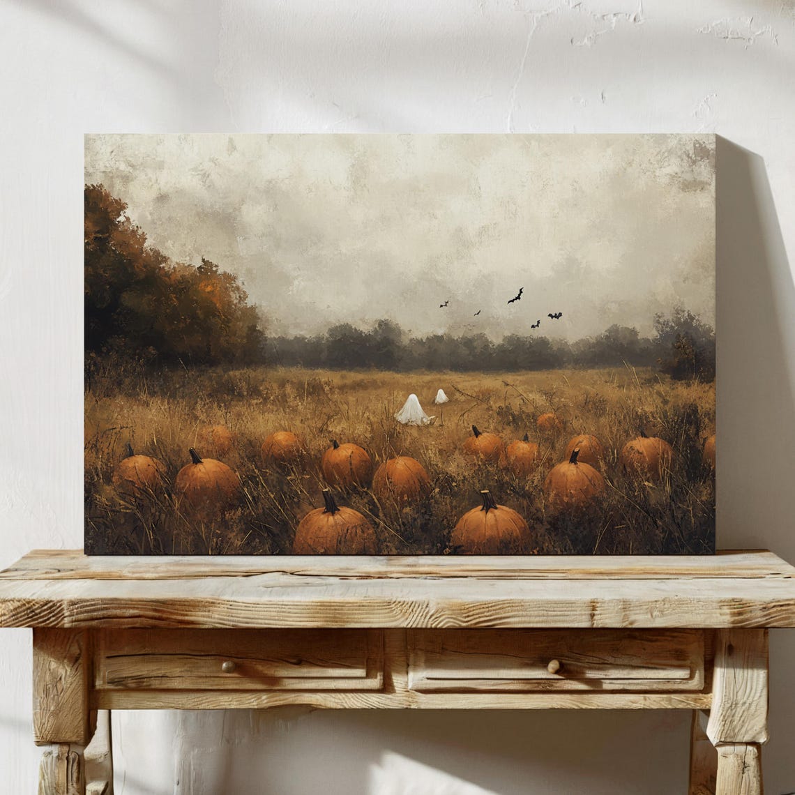 Ghost In Pumpkin Field Misty Autumn Landscape Halloween Wall Art - Image 3