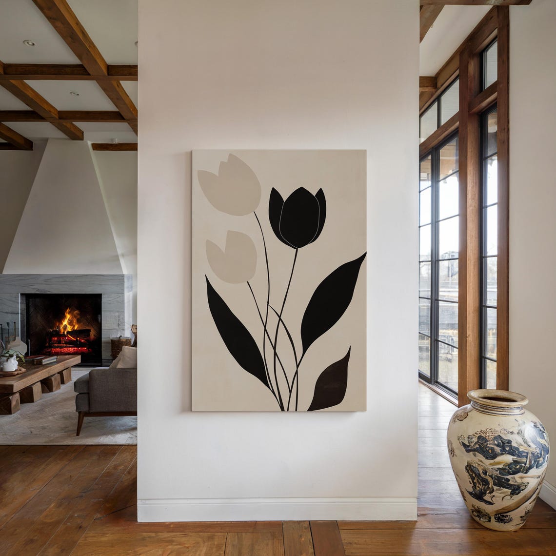 Minimalist Tulip Black Beige Line Art Modern Floral Wall Poster - Image 5