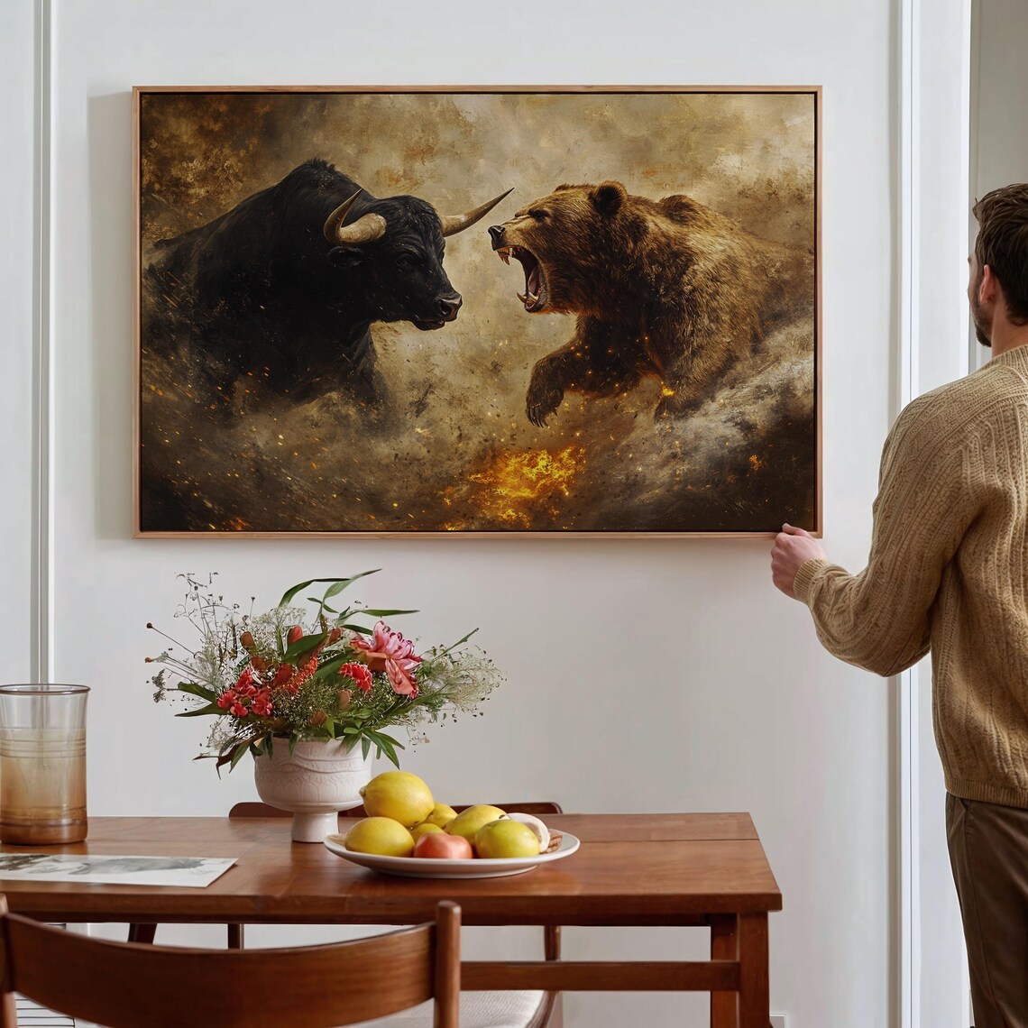 Bull Vs Bear Fierce Clash Golden Dust Finance Symbol Wall Art - Image 3