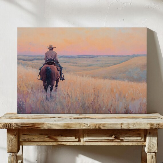 Cowboy Riding Through Golden Prairie At Sunset Soft Pastel Western Landscape Wall Art Peaceful Country Horizon Scene