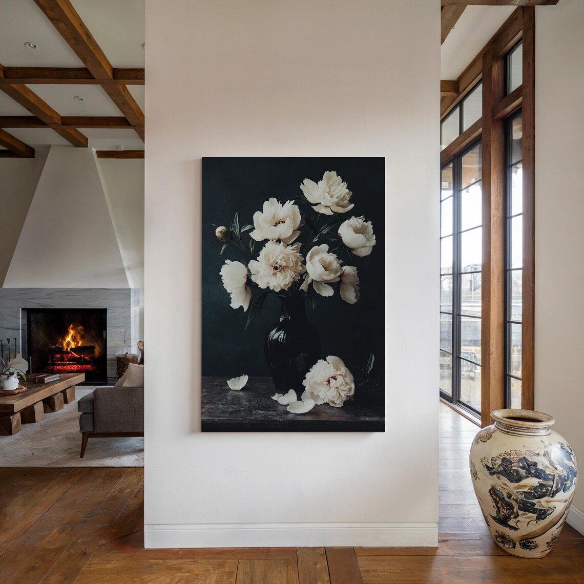 White Peonies In Black Vase Dark Moody Floral Still Life Wall Art - Image 2