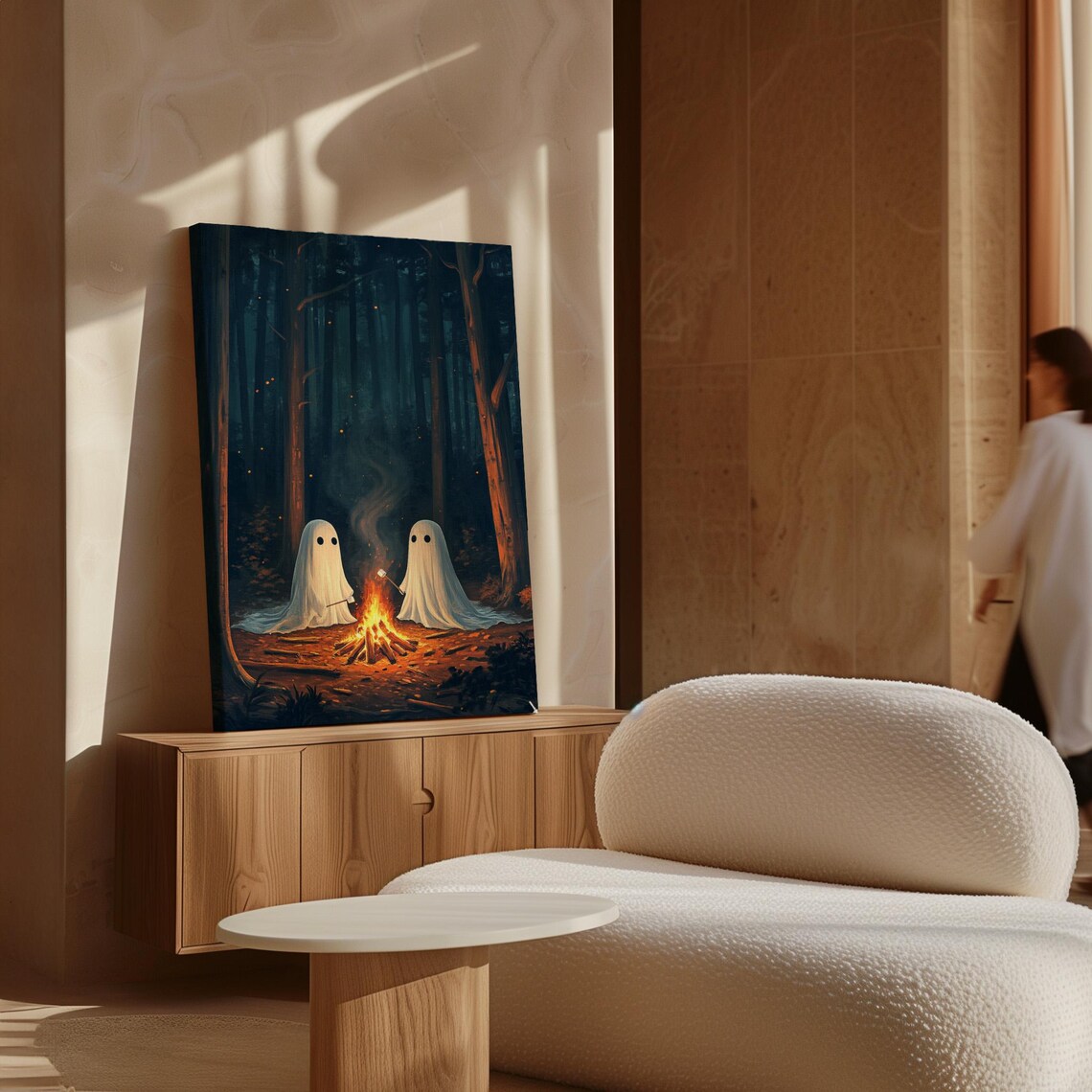 Two Cute Ghosts Campfire Marshmallows Dark Forest Halloween Wall Poster - Image 4