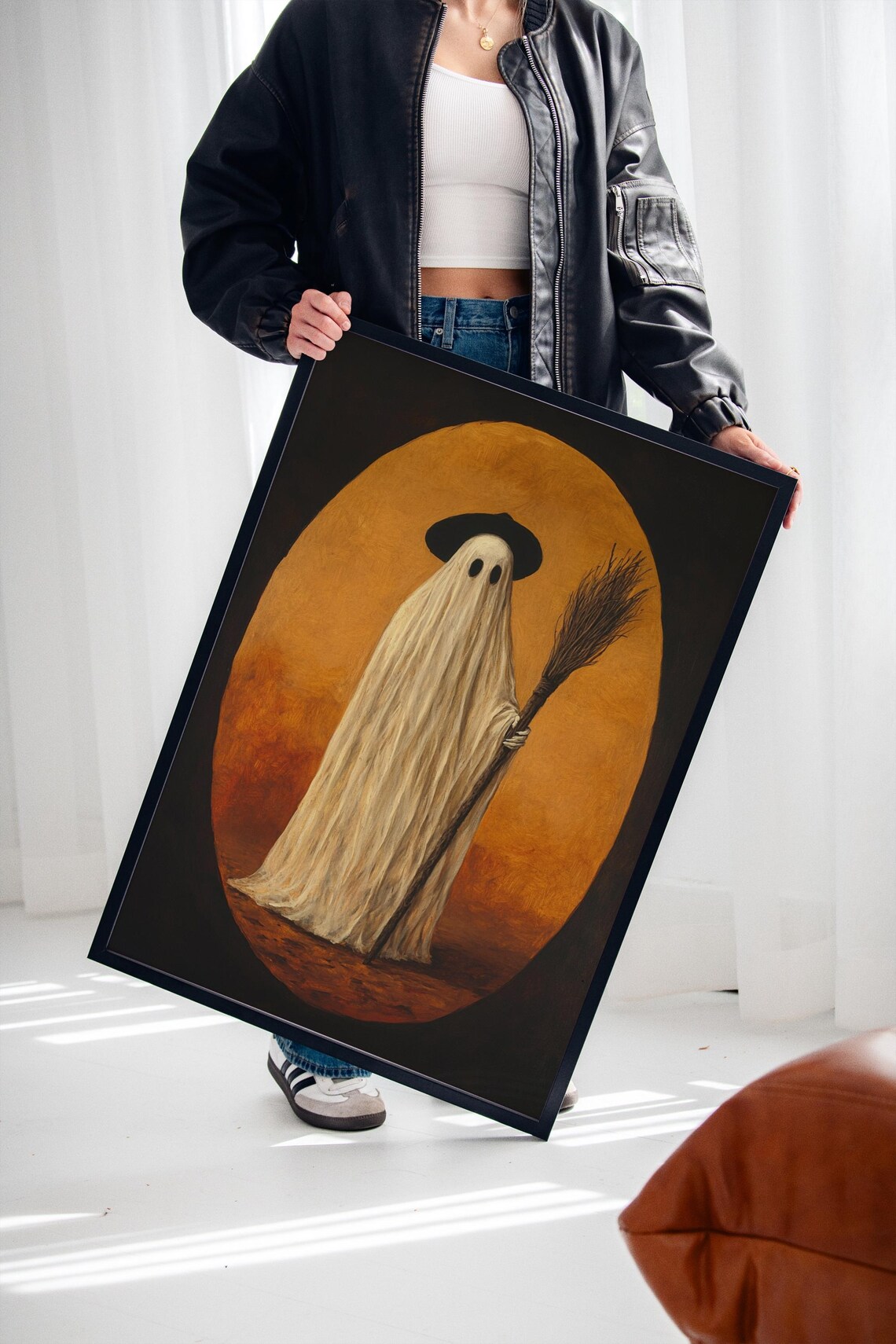 Vintage Ghost Witch With Broom Halloween Oval Portrait Poster - Image 2