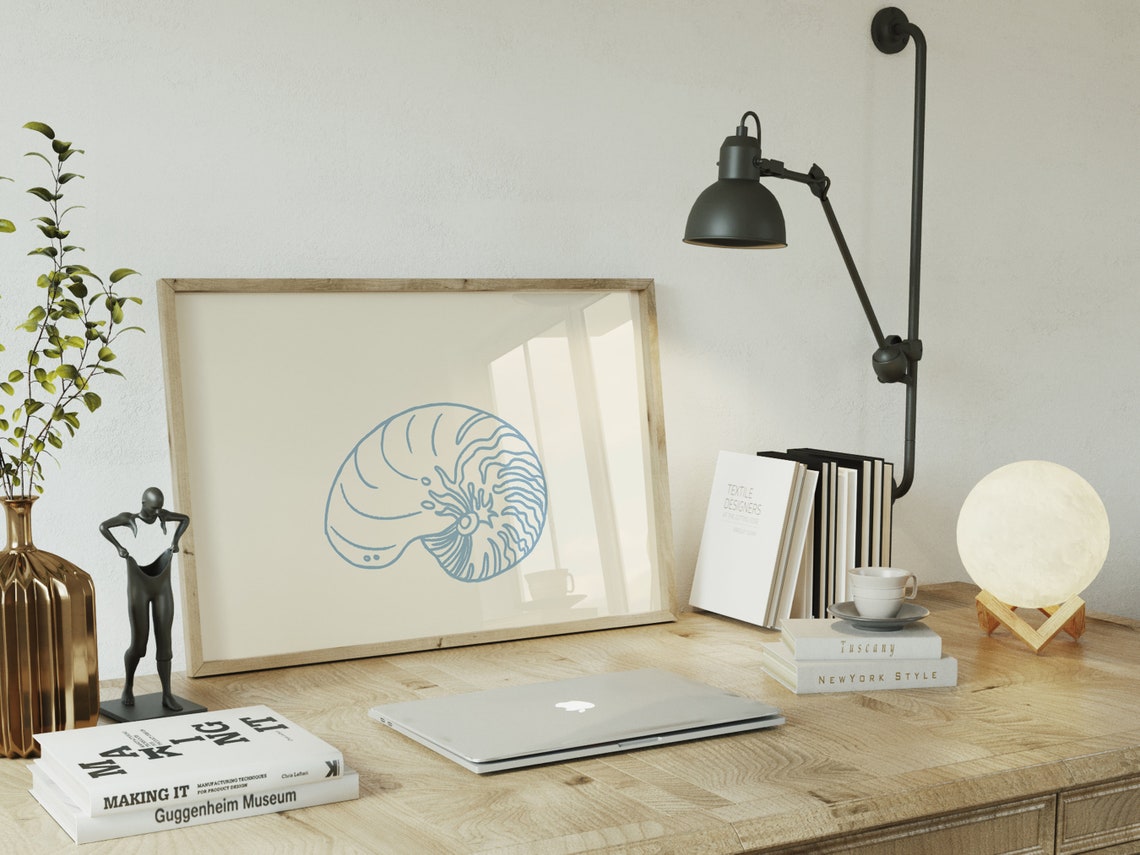 Nautilus Shell Blue Line Art Cream Minimalist Coastal Wall Poster