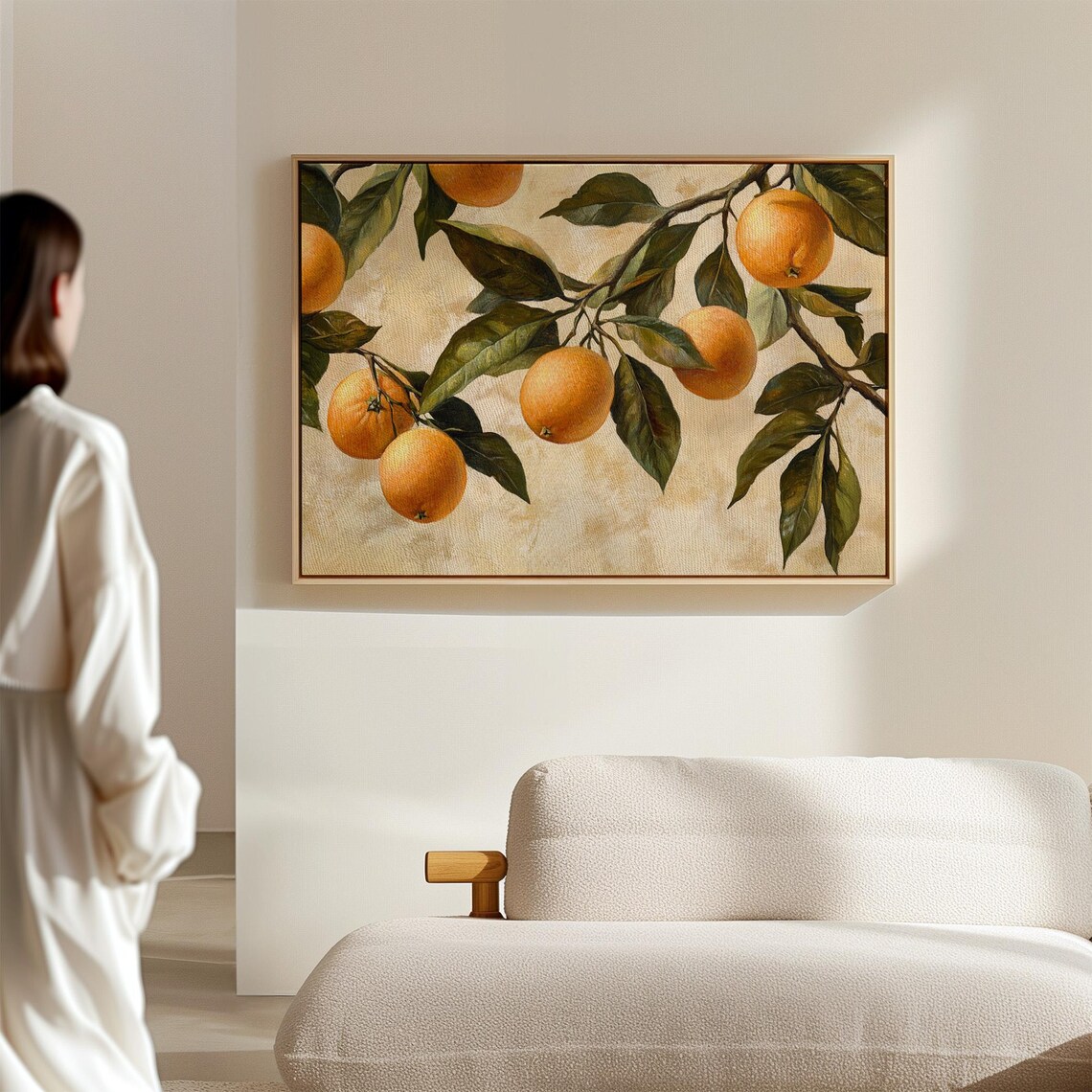 Orange Branch Still Life Green Leaves Textured Beige Nature Art Poster - Image 4