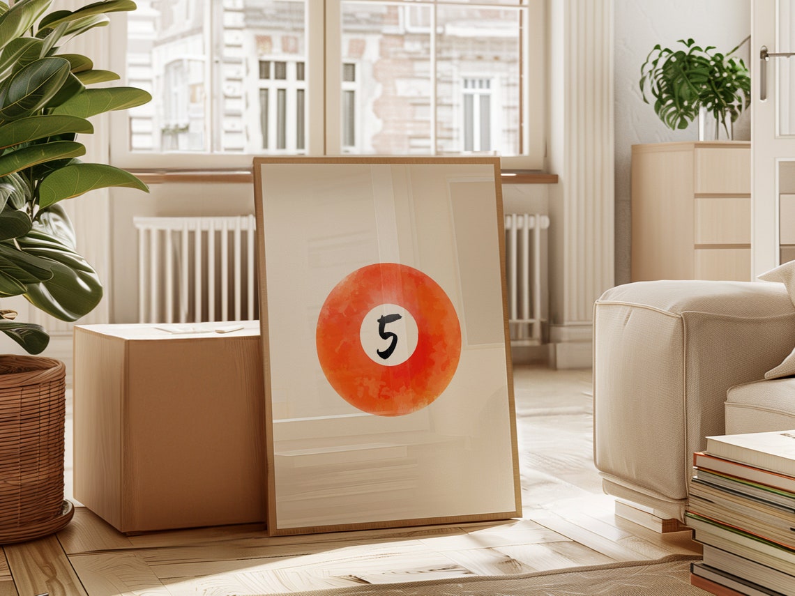 Number 5 Pool Ball Watercolor Orange Retro Billiards Game Room Poster - Image 4