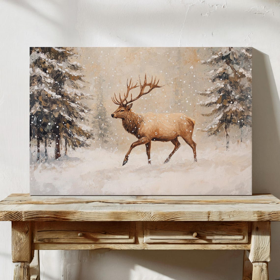 Young Elk In Snow Covered Winter Forest Lodge Wildlife Painting Print - Image 3