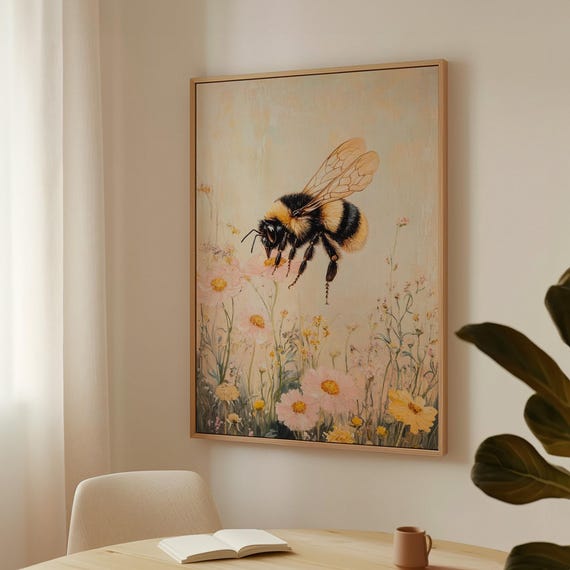 Bee And Wildflowers Wall Art Nature Inspired Floral Print For Living Room Kitchen Or Nursery Botanical Home Decor