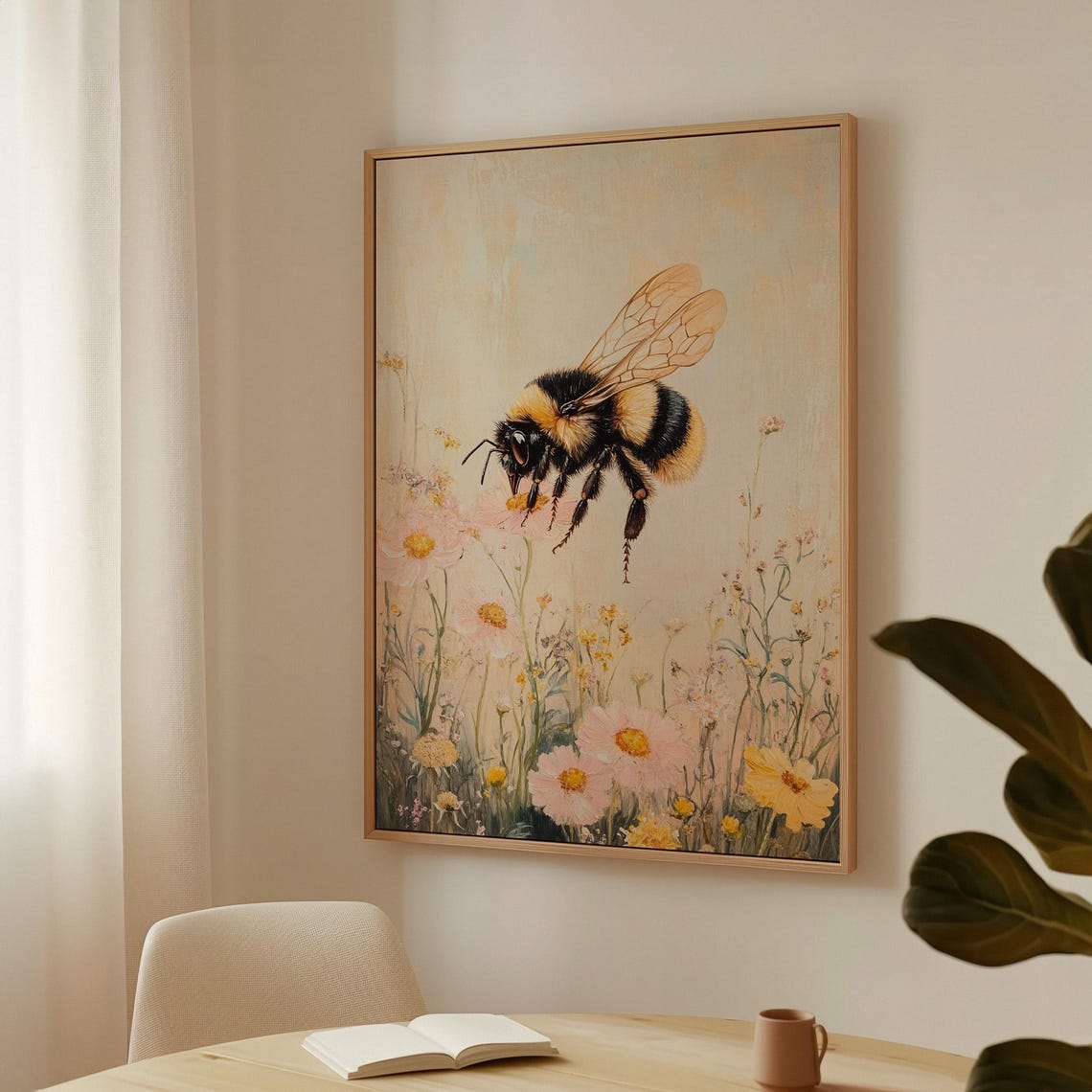 Bumblebee Hovering Over Pink Wildflowers Pastel Botanical Print