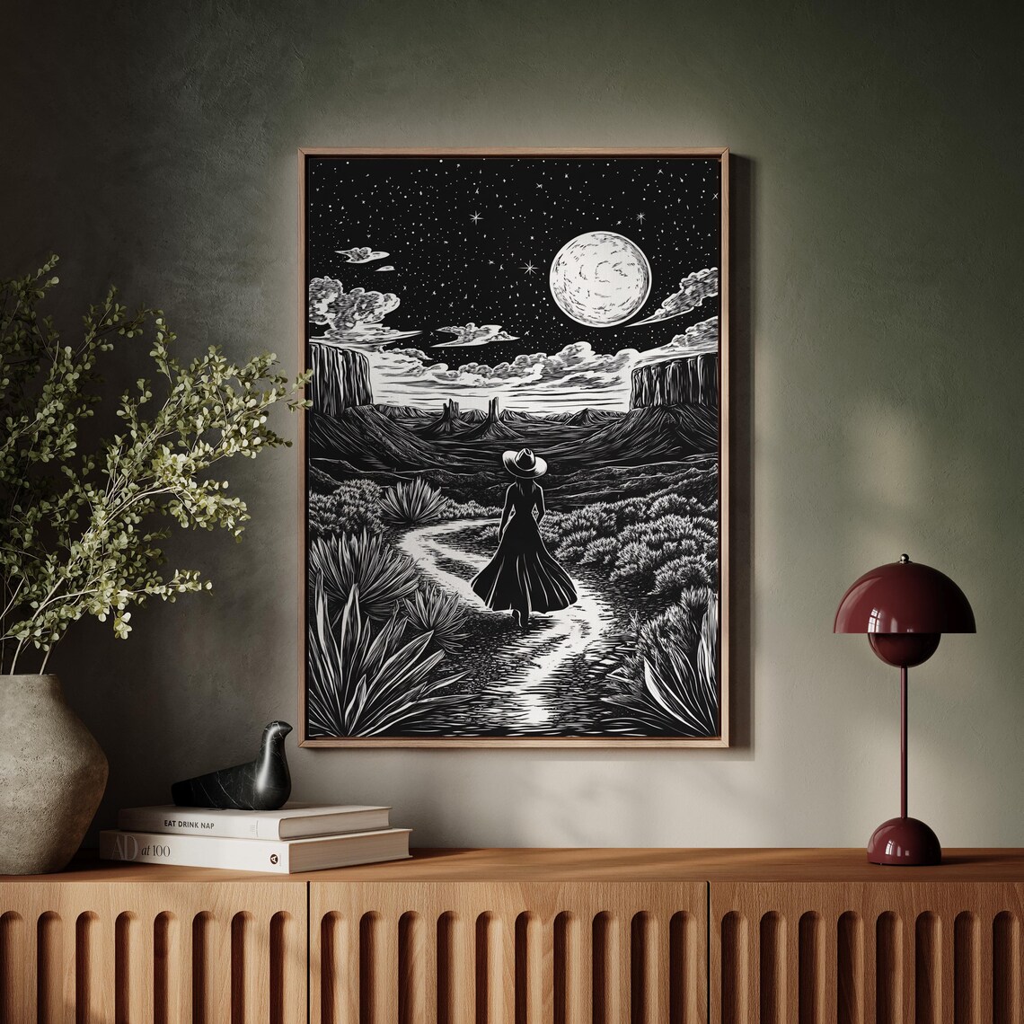 Cowgirl Desert Night Walk, Western Moonlit Landscape Print - Image 4