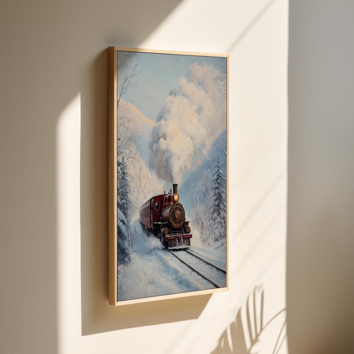 Red Steam Locomotive Winter Snowy Pine Valley Vintage Train Wall Art