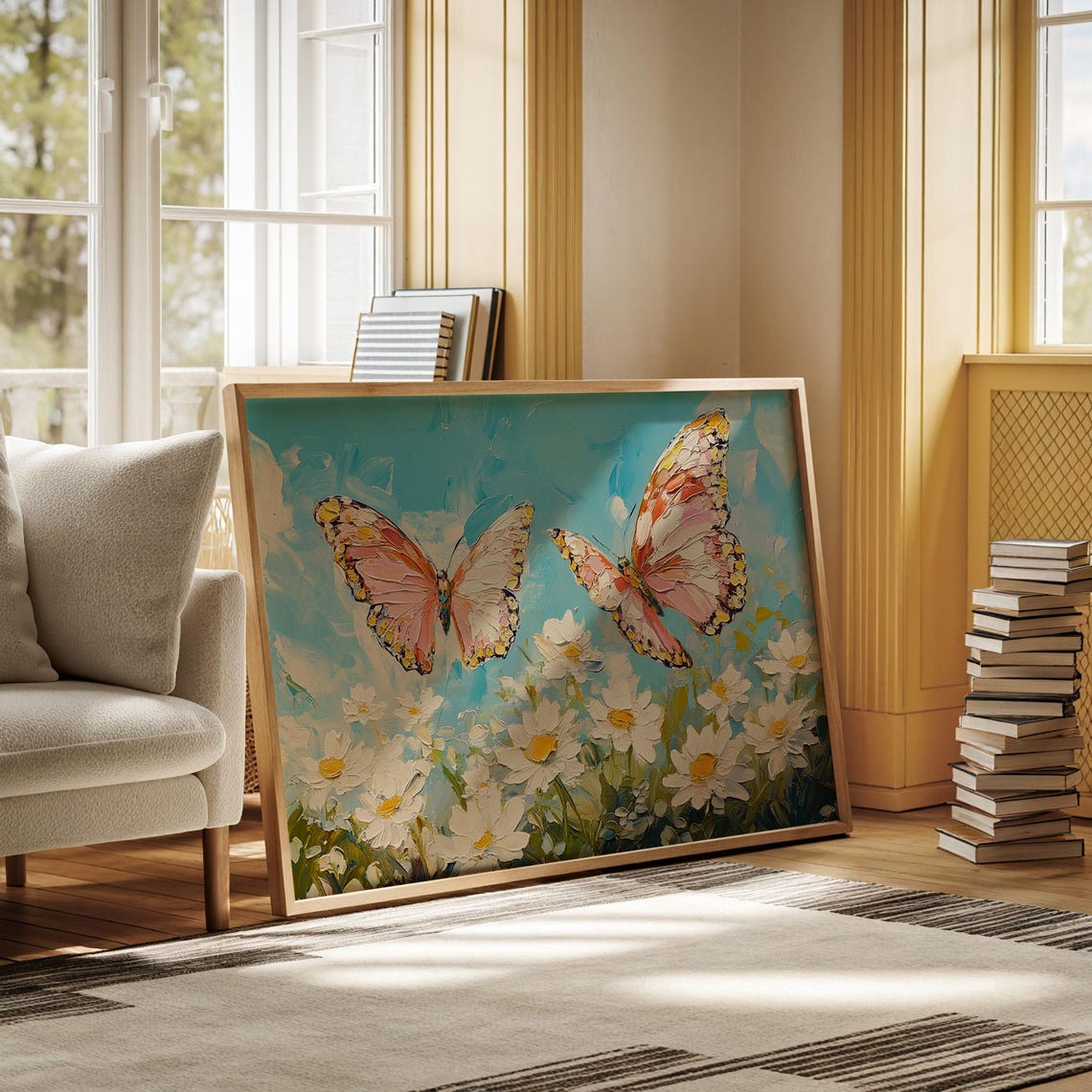 Vibrant Butterflies Fluttering Above Daisies In A Textured Painting Style Against A Bright Blue Sky - Image 4