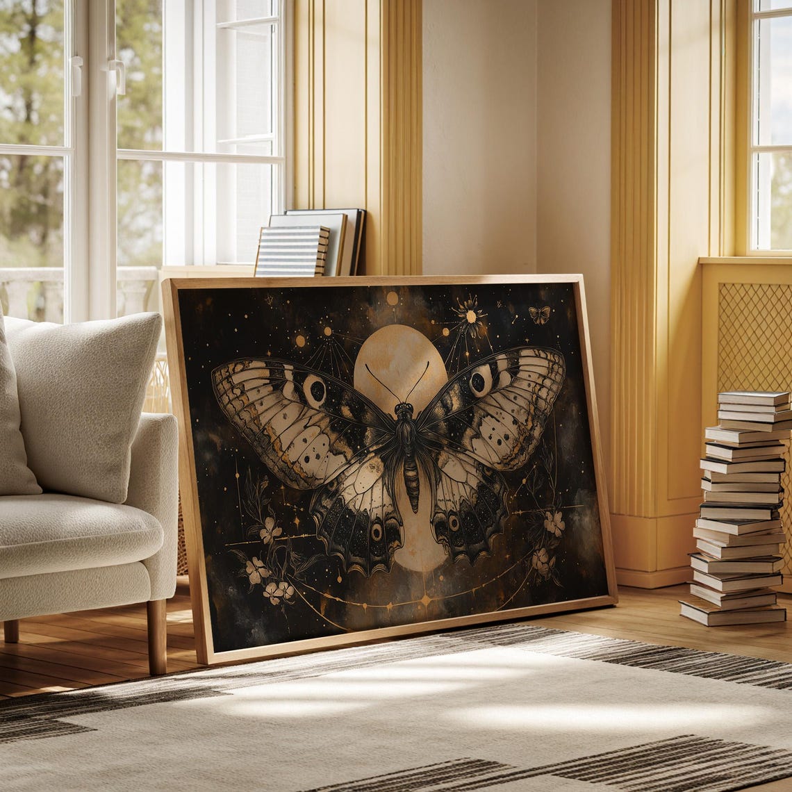 Celestial Moth Full Moon Cosmic Gold Dark Mystical Art Poster - Image 3