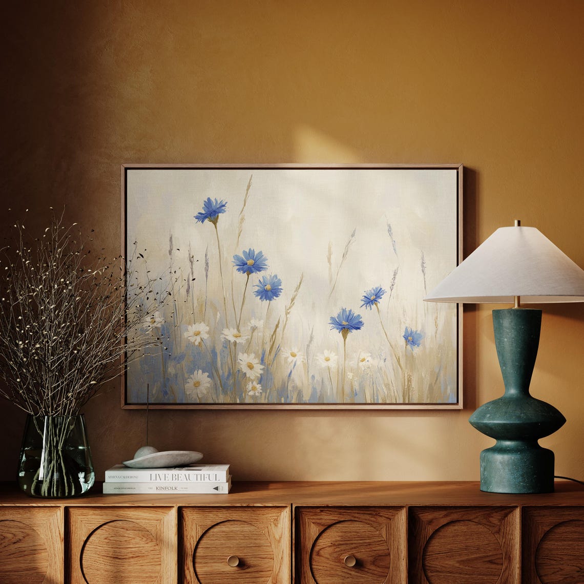 Blue Cornflowers And Daisies Soft Beige Wildflower Meadow Wall Art - Image 4
