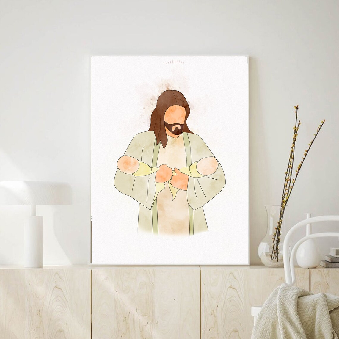 Christ Holding Twin Babies, Watercolor Infant Loss Print