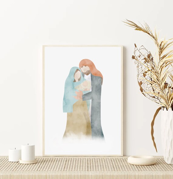 Holy Couple Embracing Baby Jesus in Blue Watercolor Nativity Poster