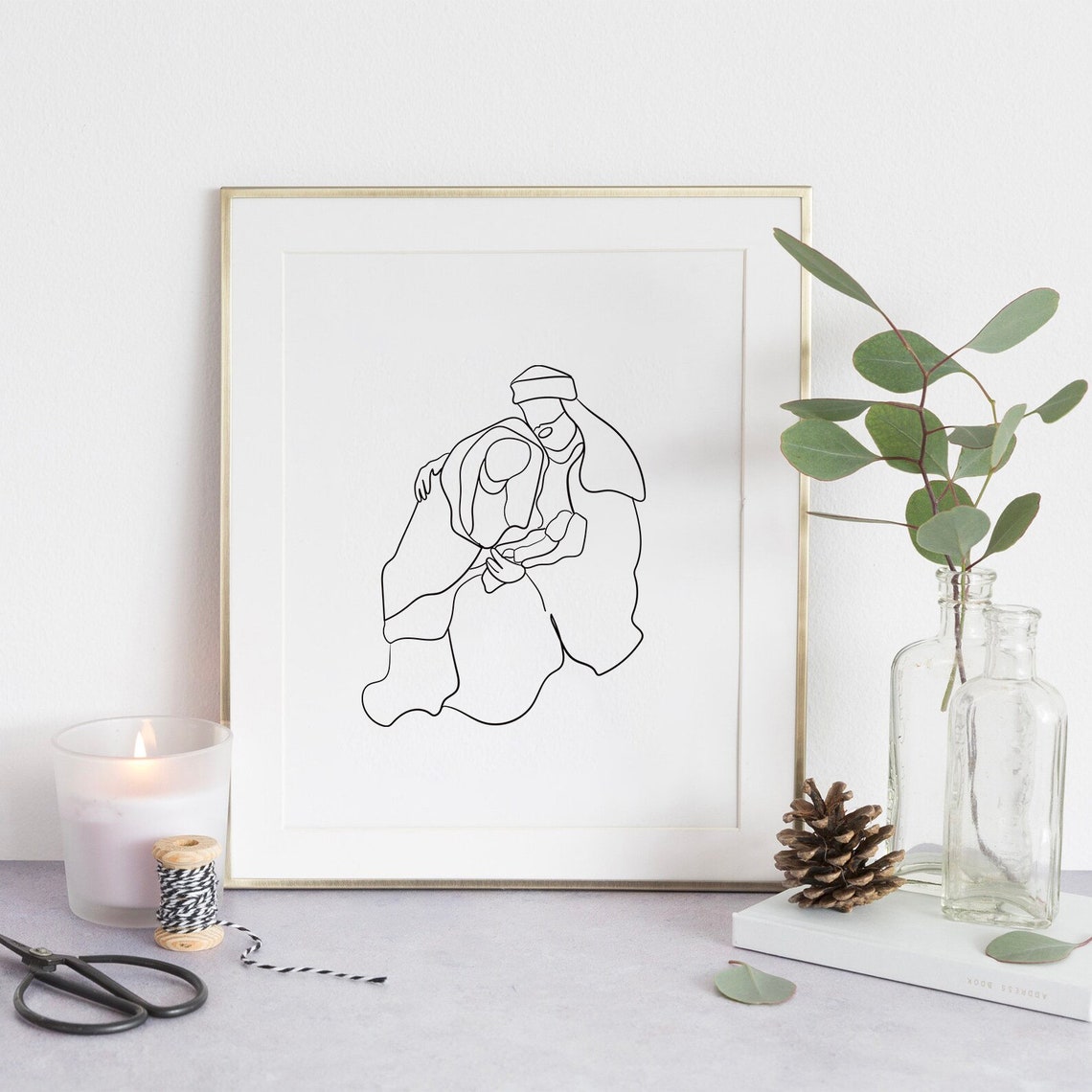 Delicate Single Line Drawing of the Holy Family Nativity Poster