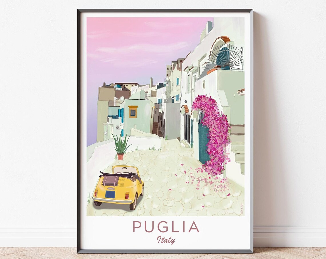 Puglia Italy Whitewashed Village Street Pink Sky Bougainvillea Poster