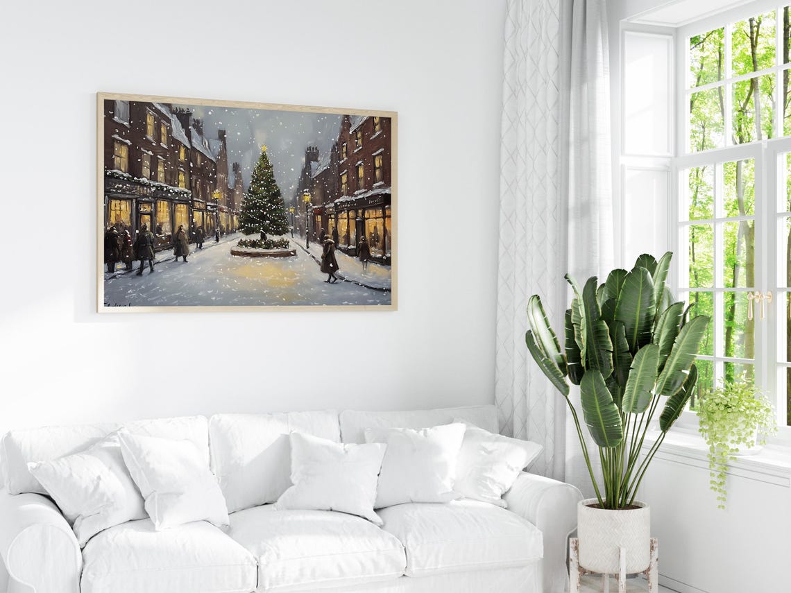 Snowy Old Town Street Christmas Tree Night Lamp Vintage Art Poster - Image 3
