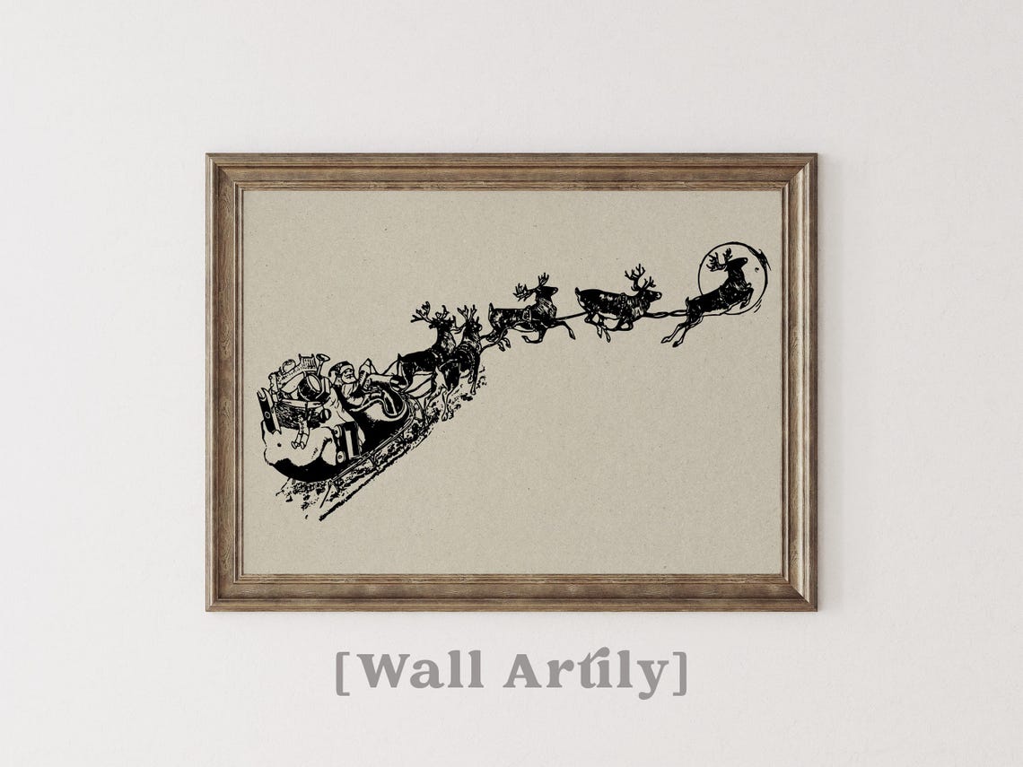 Santa Claus Flying Sleigh Reindeer Vintage Christmas Engraving Poster - Image 4