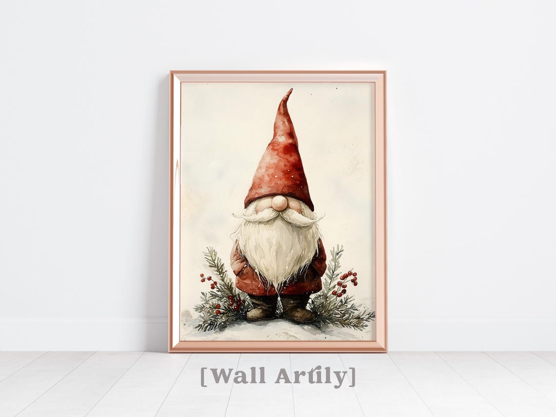 Christmas Gnome Watercolor Tall Red Hat Pine Holiday Art Poster