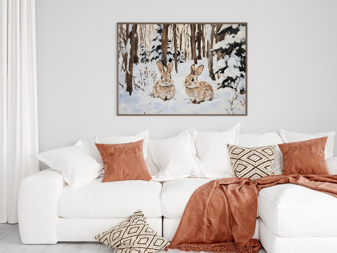 Snowy Forest Bunnies Winter Woodland Oil Painting Animal Poster - Image 5