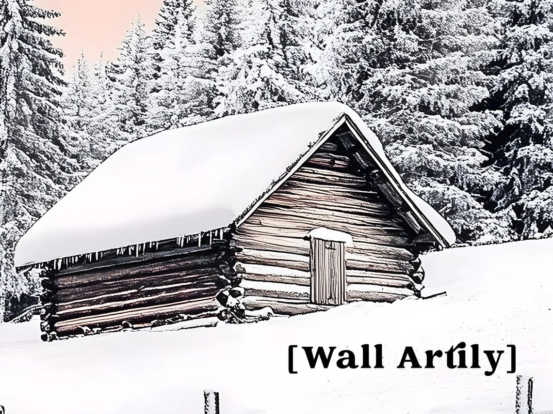 Snowy Log Cabin Winter Forest Pink Sky Mountain Scene Poster - Image 3
