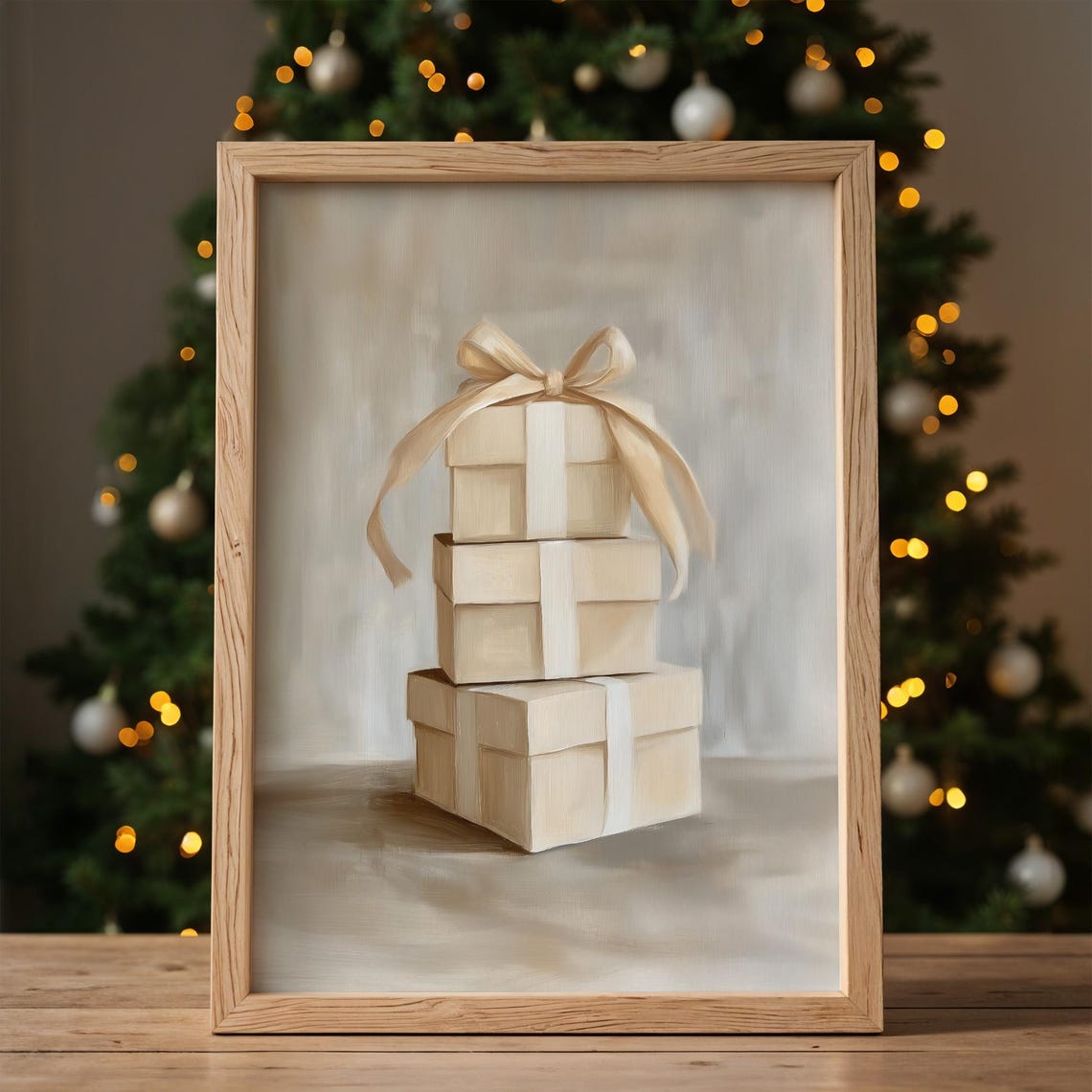 Beige Gift Box with Champagne Satin Bow Elegant Painterly Poster - Image 6