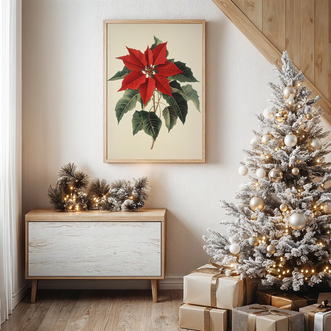 Vintage Red Poinsettia Christmas Holiday Botanical Art Print - Image 6