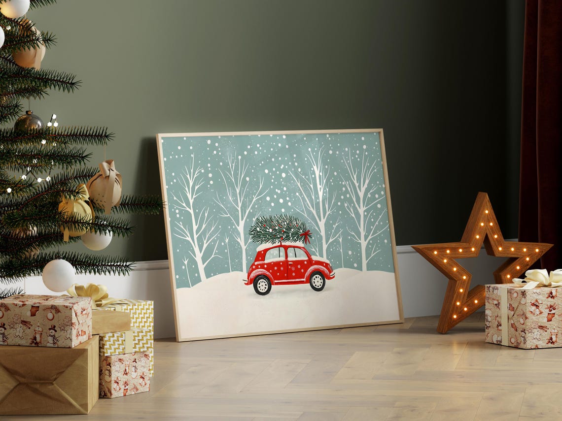Red Retro Car Christmas Tree Roof Snowfall Vintage Auto Poster - Image 7