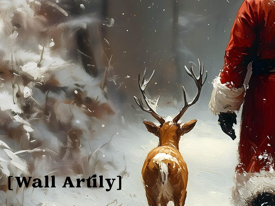 Santa Claus And Reindeer Walking Away Into Snowy Woods Poster - Image 2