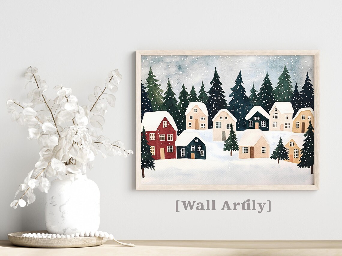 Snowy Village Winter Village Scene Holiday Art Print - Image 3