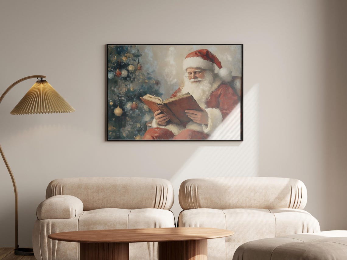 Santa Claus Reading Book By Christmas Tree Vintage Oil Art Poster - Image 6