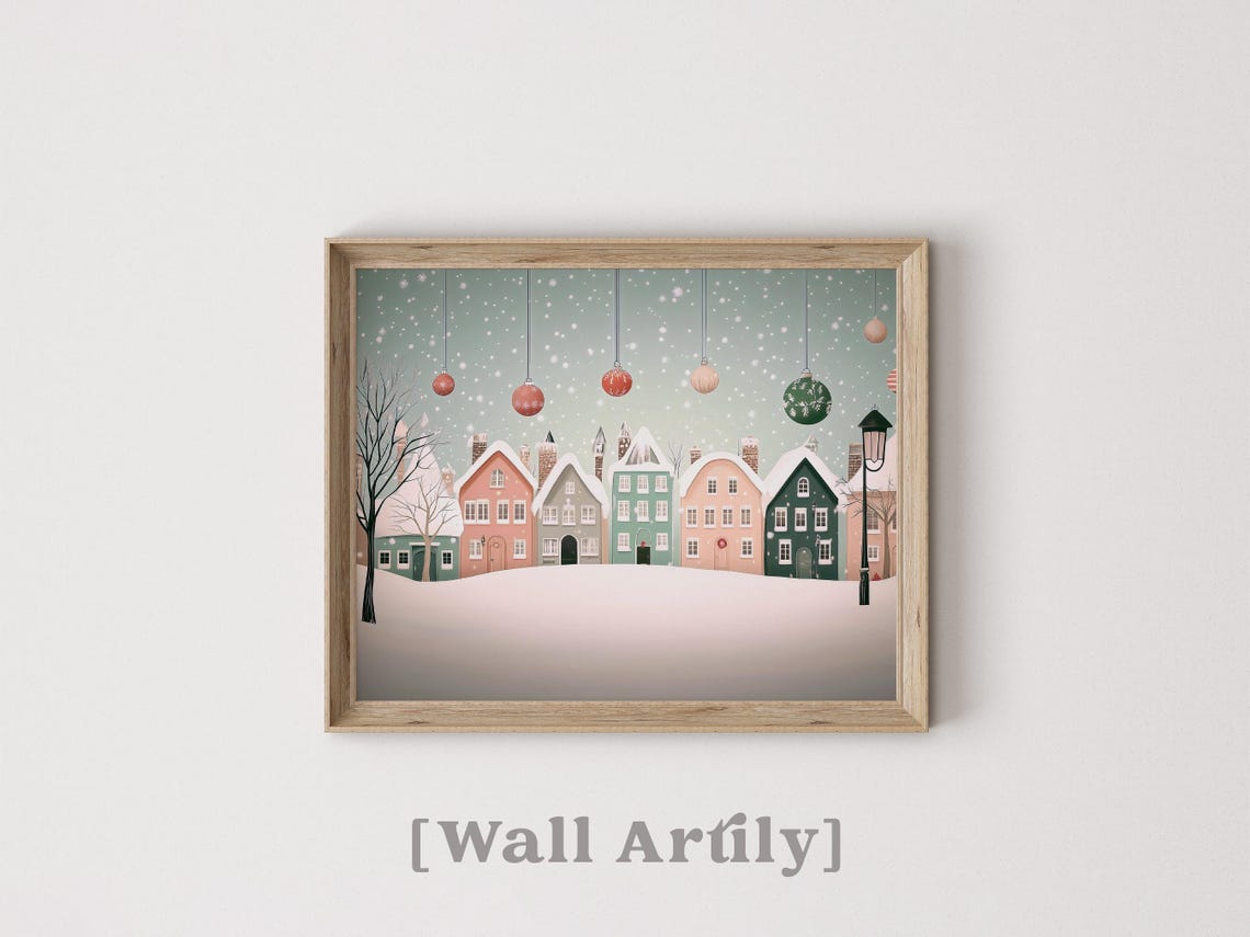 Pastel Snowy Town With Colorful Houses And Hanging Baubles Poster - Image 2