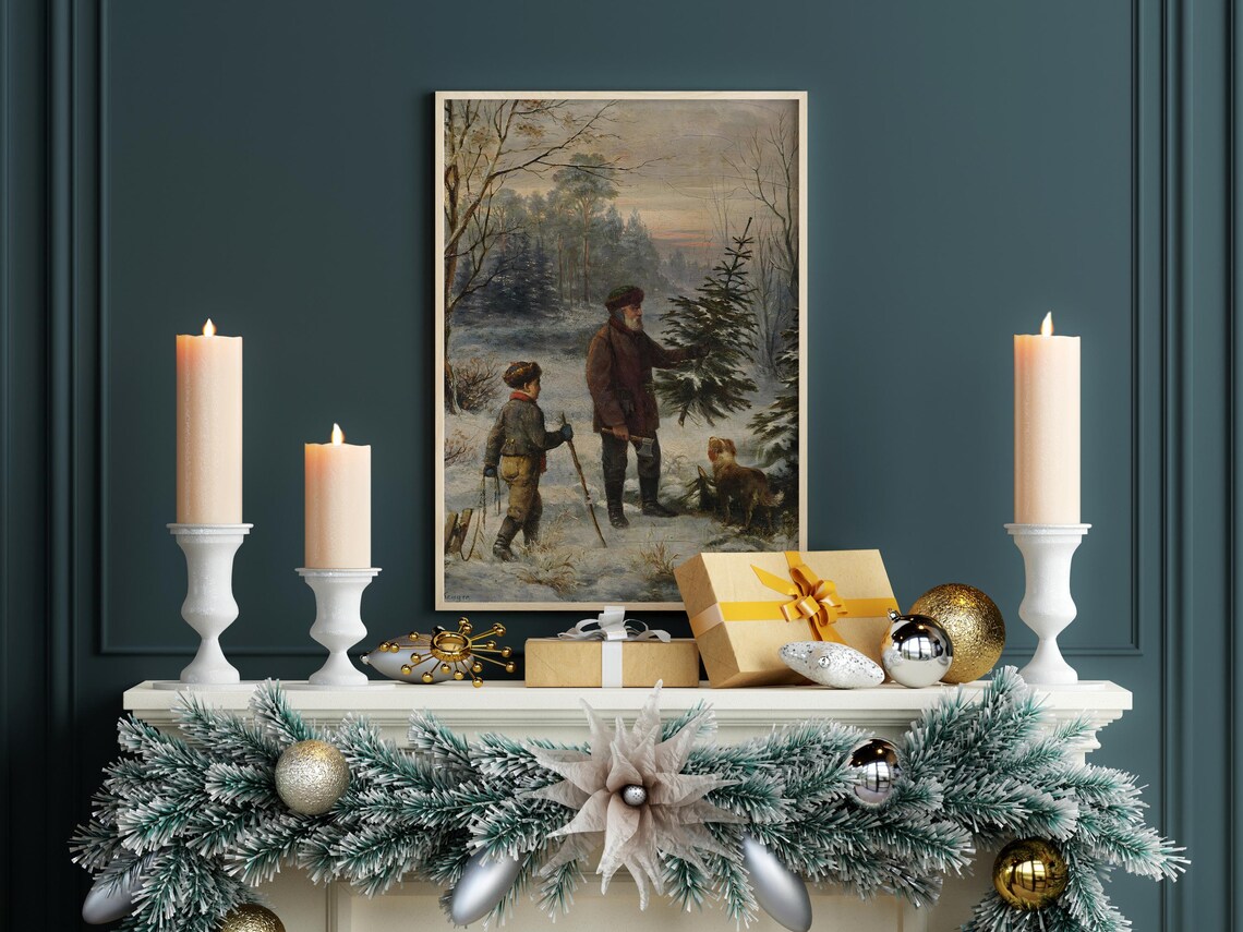 Father And Son Chopping Down A Christmas Tree, Vintage Poster - Image 6