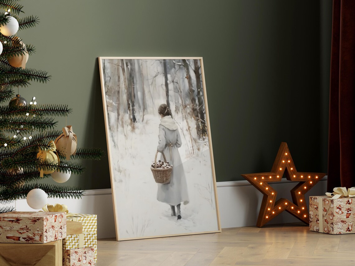 Woman Carrying Basket Of Pinecones Snowy Forest Vintage Art Poster - Image 4