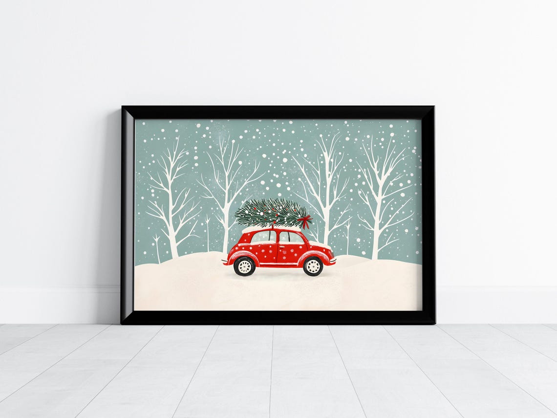 Red Retro Car Christmas Tree Roof Snowfall Vintage Auto Poster - Image 3