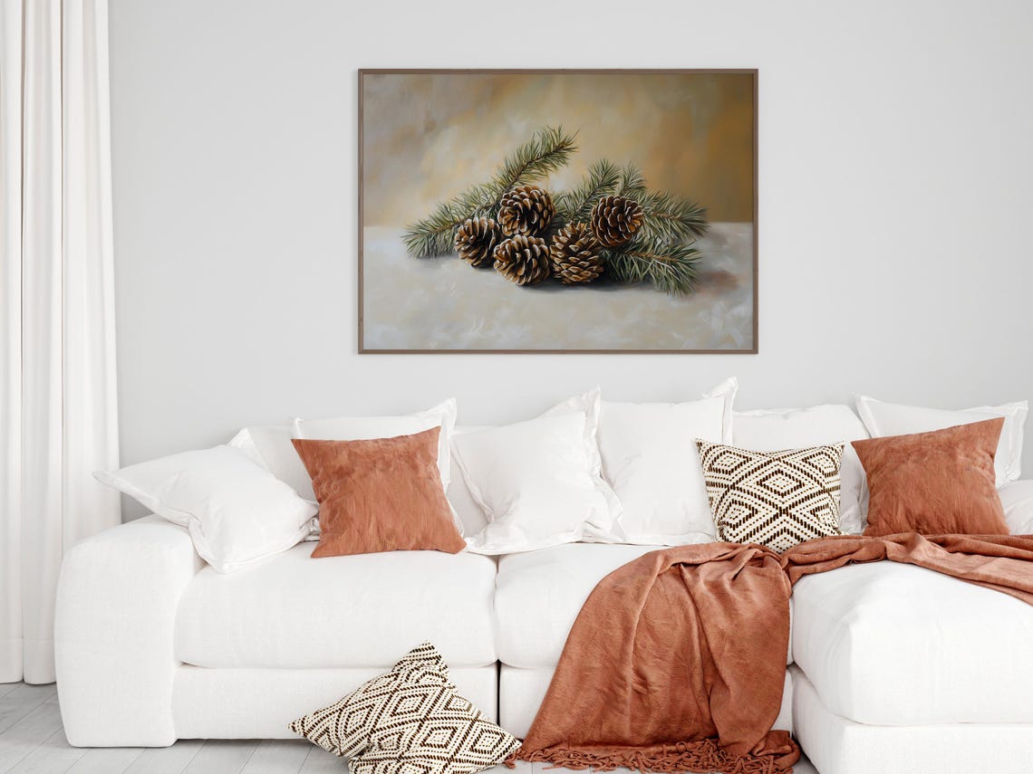 Pinecones And Evergreen Sprigs Winter Still Life Painting Poster - Image 2