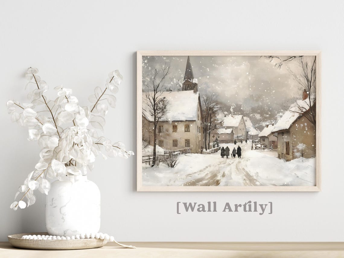 Snowy Church Village With Villagers Walking In Falling Snow Poster - Image 2